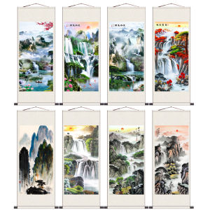 Living Room Feng Shui Sofa Hanging Picture Opportunity Knocks Landscape Painting Office Mountain Scenery Vertical Version Lucky Scroll Decoration