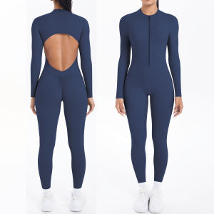 Solid Color Bodysuits for Womans Backless Long Sleeved Zipper Yoga Jumpsuits High Dtrength Workout Sports Fitness Clothing Set