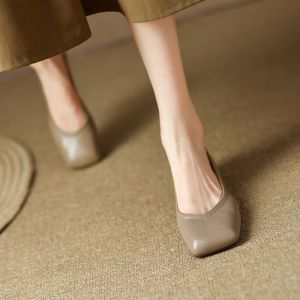 Vintage Soft Bottom Flat Head Square Toe Womens Shoes Genuine Leather Slip-On Casual Fashion Footwear for Commuting