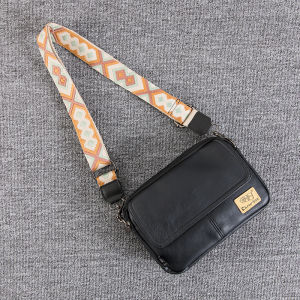 Mens Crossbody Bag Simple Versatile Leather Shoulder Bag Ethnic Color Block Strap Small Commuter Bag Trendy