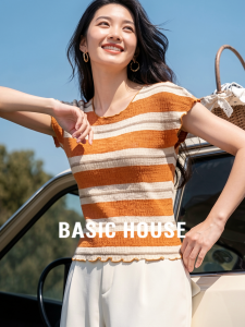 Basic House | Retro Contrast Stripe Round Neck Slim Flying Sleeve Sweater Female Summer