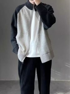 เสื้อคาร์ดิแกนถักคอตตอนผสมผสมสำหรับผู้ชาย ทรงหลวม ปกตัว สีบล็อก ซิป แขนยาว แฟชั่นฤดูใบไม้ร่วง/ฤดูหนาว