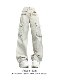 ชุดทํางานหลายกระเป๋า American High Street เดนิม กางเกง ผู้หญิง ฤดูใบไม้ผลิ ใหม่ Retro High เอว ตรง หลวม ขากว้างบาง กางเกงยีนส์