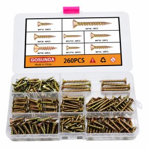 220/260/320/340Pcs Full Thread Cross Drive Self Tapping Screws M3.5M4M5 Yellow Zinc Plated Countersunk Flat Head Wood Screw Kit