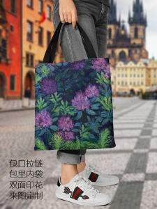 Large Capacity Canvas Shopping Bag Monet Purple Flower Zipper Handbag Single Shoulder Bag Retro Style Handmade Fabric Bag