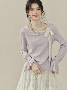 OUYANGXI | Áo Thun Tay Dài Màu Tím Có Nơ Hình Bướm