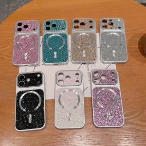 Luxury Bling Glitter Sequin Diamond Grid Magnetic Case for iPhone 17 16 14 15 Plus 13 12 11 Pro Max For Magsafe Shockproof Cover