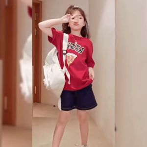 pandu สาวเสื้อยืดแขนสั้นฤดูร้อน ใหม่สไตล์บิ๊กบอยฤดูร้อนสไตล์การ์ตูนด้านบนเด็กเกาหลีสไตล์แฟชั่นชุดฤดูร้อน