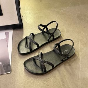 Fashionable Flat Sandals Womens Summer 2024 New One-Strap Korean Style Outdoor Casual Roman Beach Shoes Hollow out round Toe