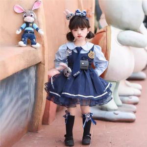Cute Rabbit Officer Judy Dress Princess Style Spring Autumn New Fashionable Little Girl Dress Polyester Fiber Cartoon Animation