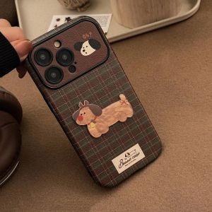 💗Internet celebrity trend+In stock+COD Grid Pattern Christmas Puppy Small Bell Pendant Big Window Cover Case for iPhone 16 15 14 13 12 11 Pro Max Plus Phone Case