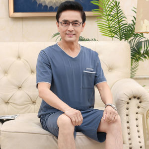 MiiOW | ชุดนอนฤดูร้อนสำหรับผู้ชาย แขนสั้น กางเกงขาสั้น ไซส์ใหญ่ ใส่ไปกลางแจ้งได้ เสื้อผ้าใส่อยู่บ้าน สไตล์เรียบง่าย 2 ชิ้น