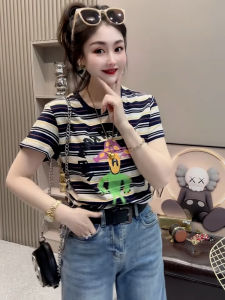 Summer 2024 Womens Slim Fit round Neck Short Sleeve T-Shirt Pure Cotton American Retro Stripes Sunflower Print Casual Streetwear