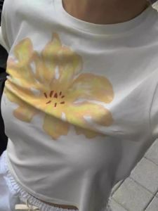 2025 New Pure Cotton Floral Print Short Sleeve T-Shirt Womens Summer round Neck Slim Commute Versatile Top Korean Style