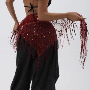 Jazz Dance Belly Dance Sequin Tassel Waist Chain Hip Scarf Street Dance Square Dance Triangle Scarf Bright Fringe Waist Belt