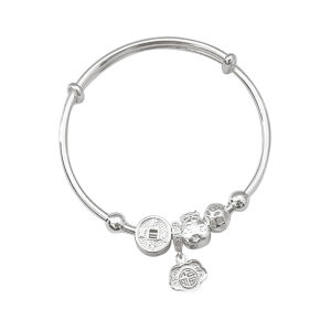 Solid 99 Silver Lucky Bag Copper Coin Bracelet Sliding Adjustable Happiness Charm Wristband Ethnic Style Birthday Gift for Women