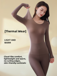 MiiOW | Ultra-Thin Invisible Thermal Underwear Set For Women Cat Person Skintight Warmth Clothes Long Sleeve Round Neck Regular Length