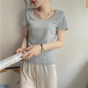 Acetate Silk Short Sleeve U-Neck Top Womens Simple Versatile Solid Color Slimming Base Shirt Popular Style Summer Fashion
