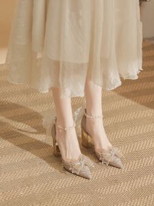 Comfortable Chunky Heel Wedding Shoes Champagne Strap High Heels Womens Maids of Honor Shoes Can Be Worn Daily in Summer