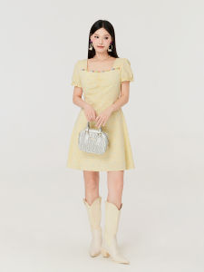 Summer Floral Embroidery Princess Style A-Line Dress Square Collar plus Size Slimming High Waist Short Sleeve High Waist Dress