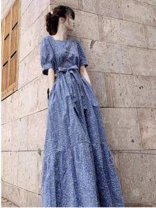 French Style Vintage Floral Chiffon Dress Summer Plus Size Fancy Lace-up Loose Belly-Covering Tea Break Long Skirt