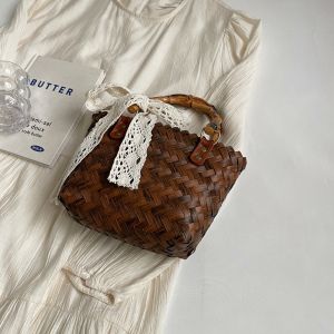 Beach Vacation Straw Woven Handbag Womens Commuter Bucket Bag Bamboo Strip Woven Fashionable New 2025 Handbag Tote Bag