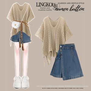 NUMEN BUTTON | Summer V-Neck Openwork Short Sleeve Loose Blouse High-Waisted Slimming Denim Skirt Set