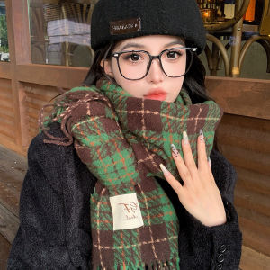 XUANXUAN | Green Plaid Scarf Womens Neck Protection Warmth Cute Student Korean Style Winter New Arrival Tassel Edge Polyester Fiber