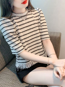 Elegant Tassel Stripe Small Fragrance Style Womens round Neck Short Sleeve T-Shirt BaKuSen Summer New Arrival Fashion Top