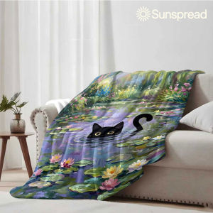 Beast Kingdom | Cat In Water Lily Pond Soft Warm Flannel Blanket Lightweight Cozy Christmas Halloween Home Decor Room