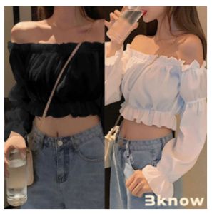 เสื้อครอปแขนยาวคอกว้าง ใส่แบบเปิดไหล่ มี2 สี เสื้อครอปปาดไหล่ เสื้อครอปมินิ เสื้อยืดเซ็กซี่