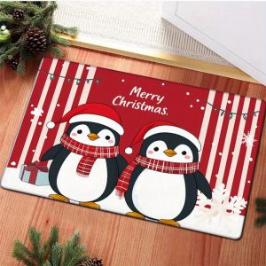 VIKAMA Christmas Penguin Entrance Door Mat Cartoon Red And White Striped Non Slip Entrance Door Mat Holiday Decoration Door Mat