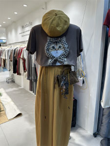 Casual Style Womens Short Sleeve T-Shirt Loose Fit round Neck Top Fashionable Plaid Scarf Cat Print Early Autumn New Arrival