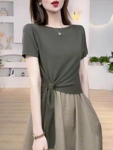 Summer Short Sleeve Womens T-Shirt Pure Cotton Short Style Waist-Cinching Slimming Korean Style round Neck Casual Top