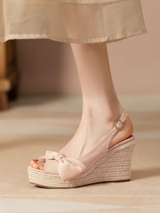 Beach Vacation Style Womens Fish Mouth Sandals Ultra High Heel Slope Heel Butterfly Knot Grass Woven Thick Bottom Jute Rope Beach Travel Shoes