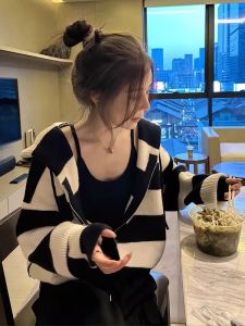GEBOFU | Hooded Stripe Knit Cardigan Chic Style Small Size Elegant