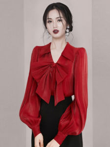Elegant Red V-neck Shirt Womens Fashionable Charming Spring Autumn New Style CKSHA French Subtle Butterfly Knot Top