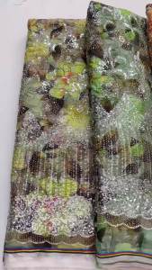 Pink Floral Print Net Lace Fabric With Sequins Rhinestones Luxury African Mesh Tulle Lace Material For Wedding Party Dress