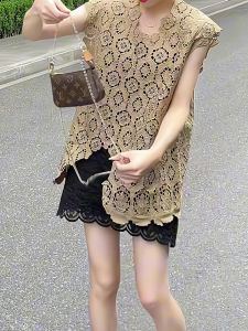 Elegant Lace Slim Fit Summer T-Shirt Short Sleeve Loose Thin Top Womens Fashion Casual V-Neck Hollow out Breathable Shirt