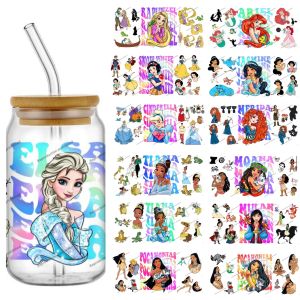 Newest 26 Design Popular Disney Princess Vaporwave Style 16oz UV DTF 3D Stickers Elsa Decals Glass Cup Mug Coffee Birthday Gift