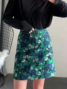 LJSmall Daisy กระโปรงสั้น2022ใหม่กระโปรงดอกไม้ผู้หญิงสีเขียวสูงเอว A-Line กระโปรงกระโปรง