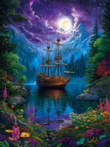 Huacan Full Square Round Diamond Painting Galleon Ship Purple Nebula Sky Diamond Mosaic Landscape Full Picture Of Rhinestones