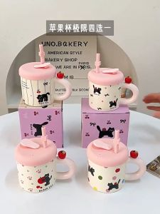 แก้วกาแฟนมหลอดเซรามิกถ้วยมีฝาปิดBLACK CATน่ารักขนาด380ML ถ้วยคู่ในครัวเรือน