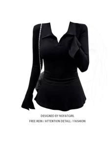 Plus Size Chubby Girl Black Shoulder Split Flare Sleeve T-shirt Female Autumn New Arrival Silm Slim Looking Design Blouse Tide