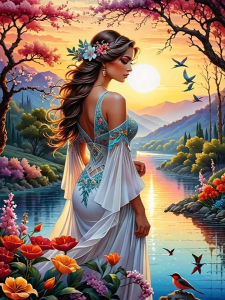 Huacan 5D DIY Diamond Painting Lady Sunset River Diamond Mosaic Portrait New Collection 2025 Decorative Paintings