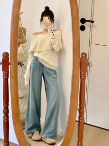 Retro Light Wash สูง เอว ขากว้าง ลำลอง เดนิม กางเกงยีนส์ ผู้หญิง ฤดูใบไม้ร่วง ฤดูหนาว หลวม พรางหุ่น Drape Straight กางเกงขายาว