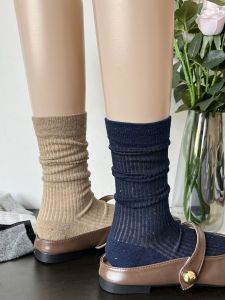 Slimming Stripe Pattern Thin Cotton Socks for Women in Royal Blue And Grey Mid-Calf Summer Style Miu Inspired Fashionable Socks