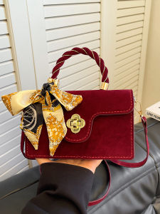 กระเป๋าสี่เหลี่ยมเล็กสีแดงสำหรับเจ้าสาว DIY กระเป๋าถือทำจากผ้ากำมะหยี่แบบทอ กระเป๋าสะพายไหล่ข้างเดียว กระเป๋าสะพายข้าง วัสดุ PU กระเป๋าแฟชั่นสำหรับวัยรุ่น