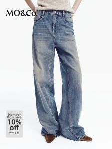 MO&Co. | Autumn Washed Indigo Cotton Dirt Splatter Mid Waist Wide Leg Jeans