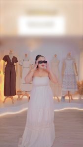 ชุดเดรสแฟชั่นเกาะอก สีครีม ผ้าฝ้าย